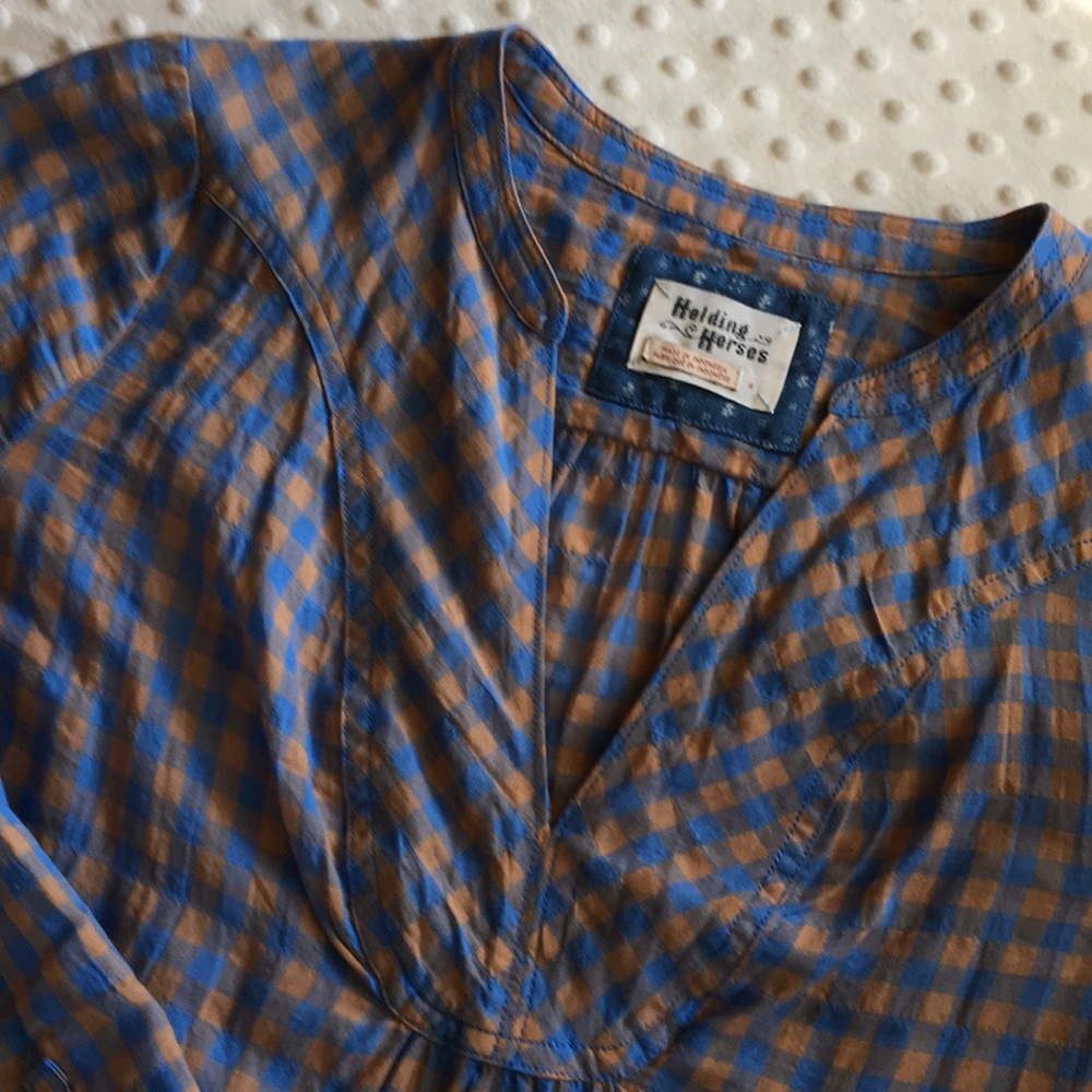 Holding Horses Gingham Blouse Sz 4 blue brown - Picture 4 of 7